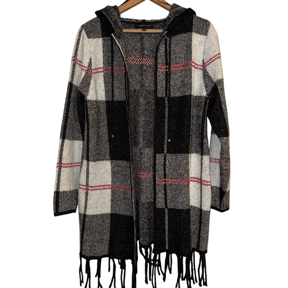 Adrienne Vittadin Women Black White Plaid Hooded Cardigan Sweater Fringe Size S